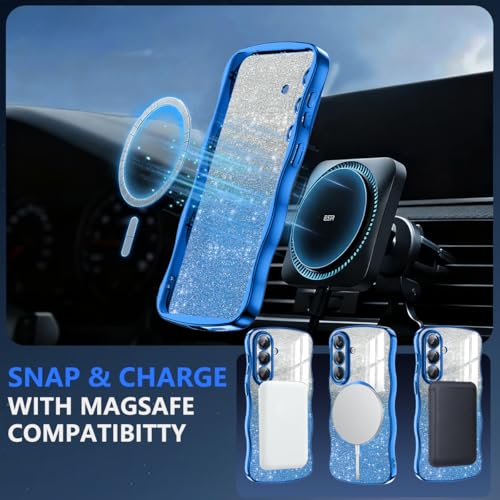 Meshine for Galaxy S26 Plus Case,[Compatible with MagSafe][Built-in Camera Lens] Magnetic Curly Wavy Frame Shockproof Shiny Cute for Women Girls Cover for Samsung Galaxy S26 Plus,Glitter Deep Blue - image 3