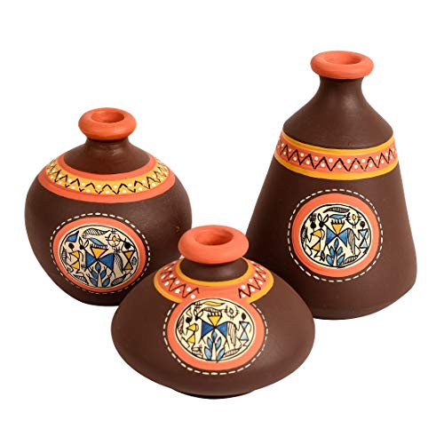 Image of Aakriti Art Creations Earthen Miniatures Terracotta Vases Set of 3 | Handmade Brown Warli Art Flower Vases Matte Finish Decorative Vases for Home Decor & Gifting