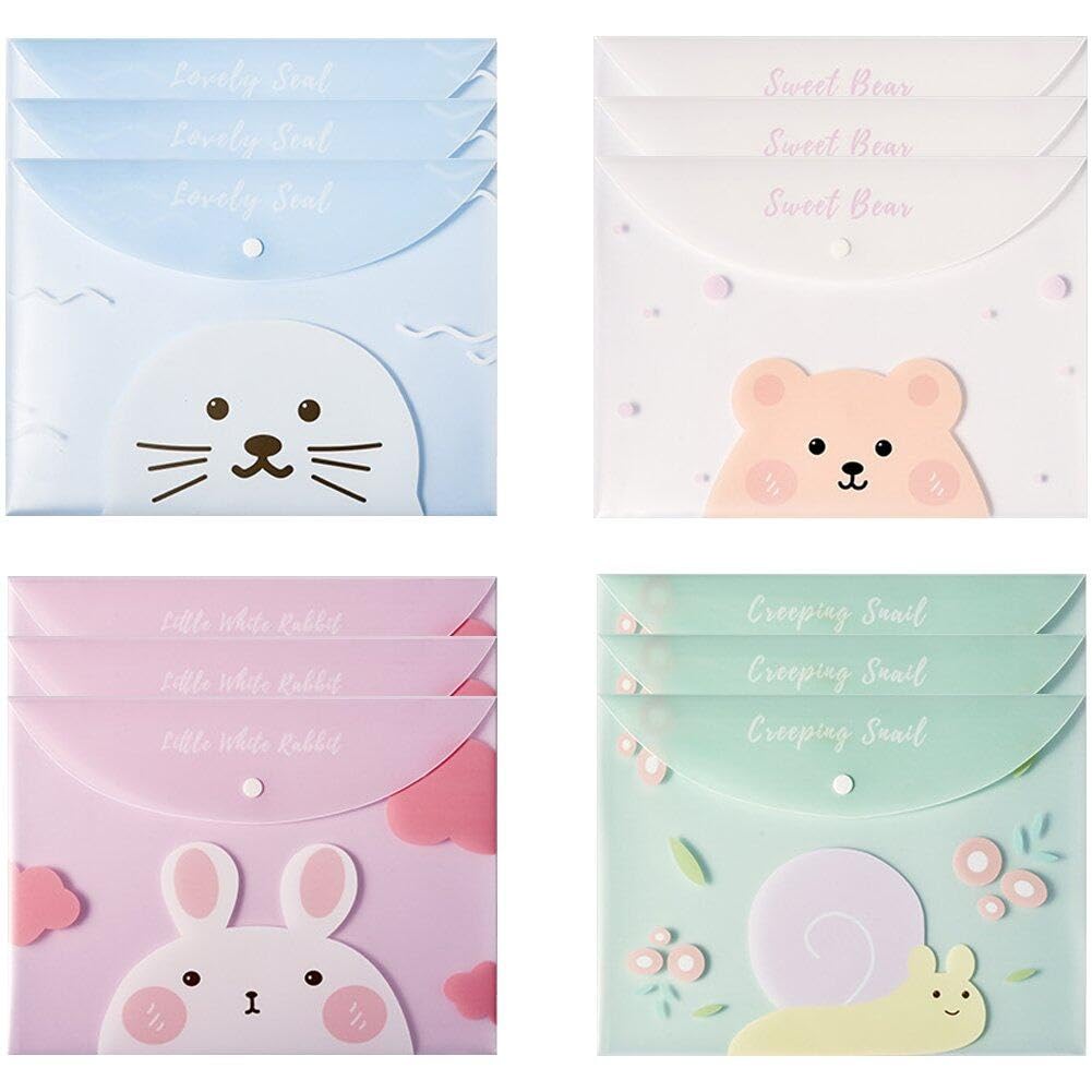 Plastic Document Folder 12pcs A4 Size Waterproof File Pouch Cute Cartoon Popper Wallets Folder with Snap Button