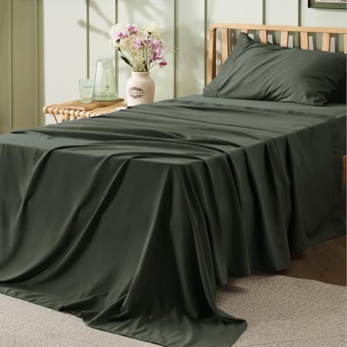 Image of Bedsure Twin XL Sheets Dorm Bedding - 3 Pieces Soft Extra Long Twin Sheets, Breathable & Cooling Bed Sheets Set, Oeko Tex, Easy Care Microfiber for Women, Men, Olive Green