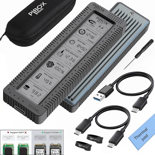 Image of NVME M2 Enclosure LCD, PiBOX India NVMe SSD Enclosure - USB 3.2 10Gbps, Tool-Free M.2 NVMe Case, PCI-E NVMe Reader, USB-C, Supports M & B&M Keys, 2230 /2242 /2260 /2280 SSDs, REALTEK RTL9210 Chipset