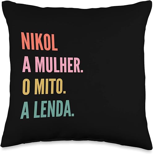 Designs De Nomes Engraçados Para Mulher Funny Portuguese First Name Design-Nikol Throw Pillow, 16x16, Multicolor