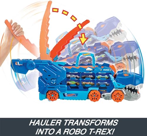 Image of Hot Wheels City Ultimate Hauler, Transforms into Stomping T-Rex with Race Track, Lights and Sounds, Toy Storage for 20+ 1:64 Scale Cars + 50-Pack of 1:64 Scale Vehicles