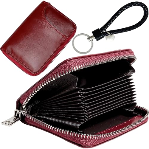 Genuine Leather 12 Card Slots Zipper Accordion Purse, Minimalist Slim Multi Pockets Zip Around Wallet Purse, Compact Card Organizer with Key Ring Strap (Red)
