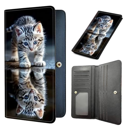 Long Women Wallet, Ultra Slim Thin Wallet for Women, RFID Blocking PU Leather Credit Card Holder, Multi-Card Slots Business Travel Bifold Clutch, Reflection Cat