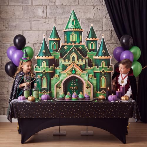 Image of Qunclay 4.5 ft Green Castle Cardboard Cutout Halloween Wizard Party Decoration Life Size Witch Theme Photo Booth Prop Standee Stand up 3D Display Backdrop Decor for Birthday Halloween