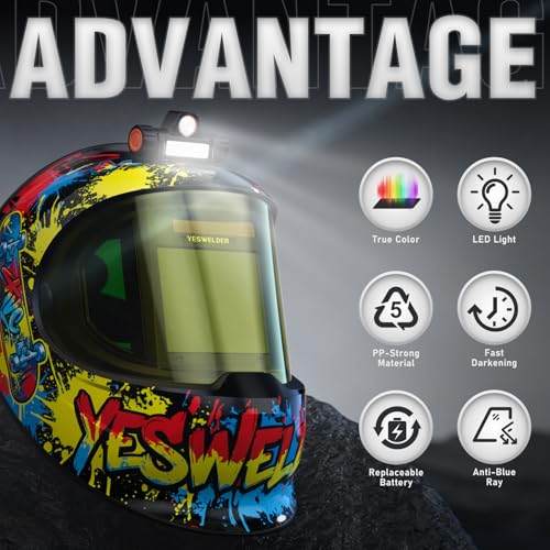 Image of YESWELDER Auto Darkening Welding Helmet with SIDE VIEW and LED, 180 Panoramic View, 1 /1 /1 /1 True Color Solar Powered Welder Hood, Wide Shade 3 /5-9 /9-13 Welder Mask for TIG MIG ARC CUT and GRIND
