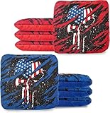 Play Platoon Tournament Series Professional Cornhole Bags Set of 8 - Pro Style Dual Sided Slick and Sticky Side Bags - Designed in USA - 4 Red & 4 Blue American Flag Skulls
