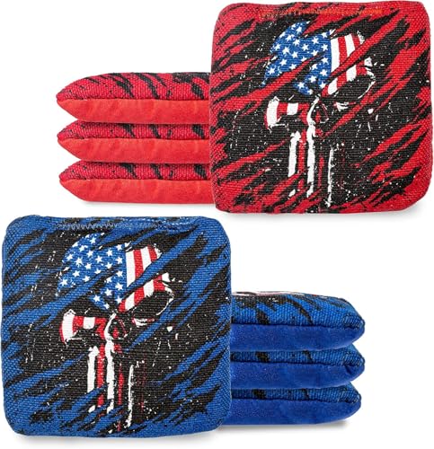 Play Platoon Pro Cornhole Bags Set of 8 - Professional Dual Sided Slick and Sticky Side Competition Corn Hole Bags - Tournament Series 4 Red & 4 Blue American Flag Skulls by Play Platoon - Used condition - US$47.91