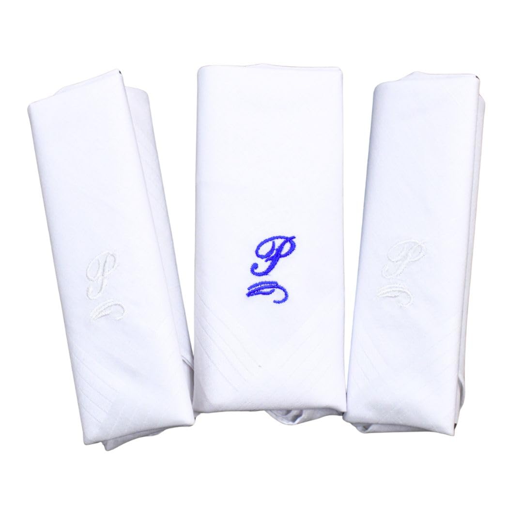 Go West Men's White Alphabet Handkerchief – P Embroidery – 100% Cotton, 40X40 Cm – Hanky- Pack Of 3