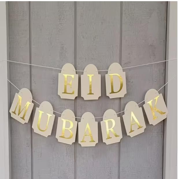 KANDID Eid Mubarak Paper Banner Set Golden Foil Printed Ramadan Festival Home Decoration for Muslim Eid Al-Fitr Celebrations