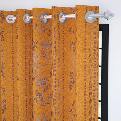 Image of Story@Home Cotton Curtain | Window Curtains 5 Feet Long Set of 2 | Abstract Printed | Bohemian Curtain | Room Darkening Curtains for Living Room | (116 x 152 cm, Mustard Yellow & Brown)
