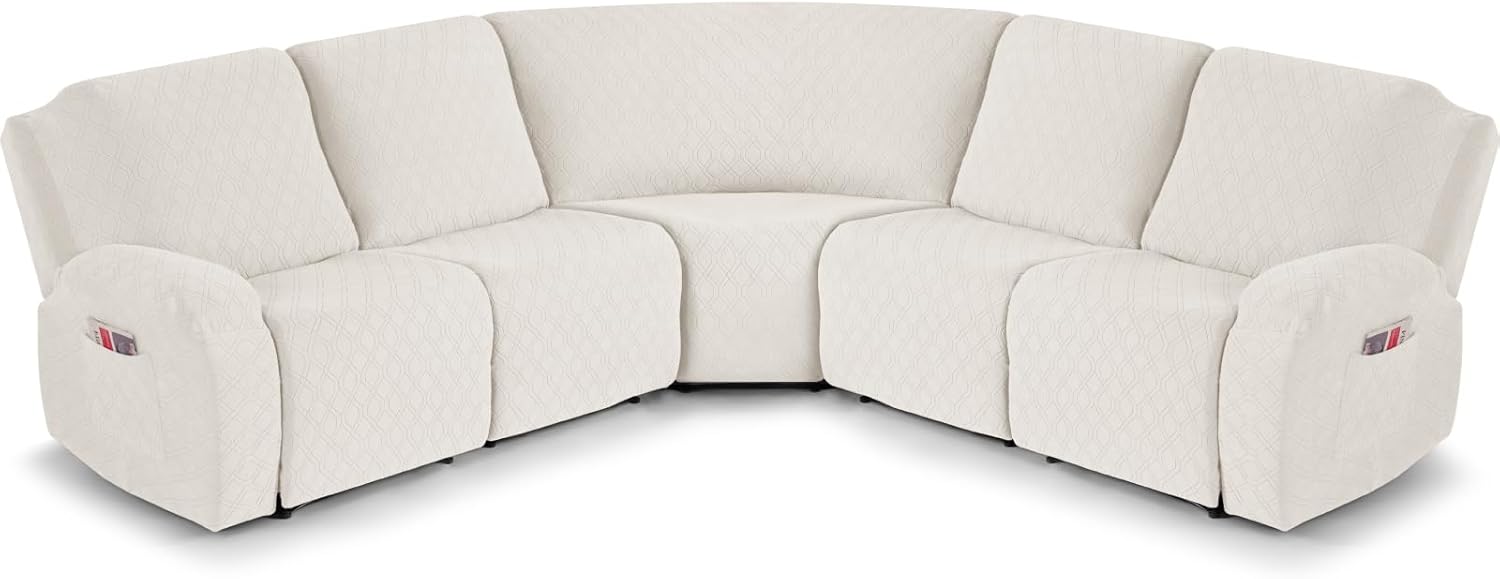 VANSOFY Extra Large Reclining Sectional Couch Covers, Washable 5-Piece Sofa Covers for L Shape Sectional Sofa Corner Seater, Thick, Soft Sofa Slipcovers (5 Seat Recliner Cover, Off White)