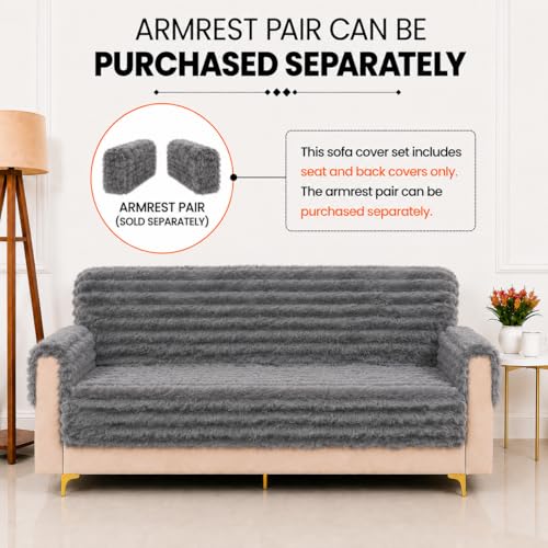 Image of Homerz Premium Rabbit Fur Sofa Cover with Anti-Skid Backing, Soft Plush Fabric Sofa Protector for Living Room Furniture (Grey, 2 Seater, Seat Cover with Backrest)