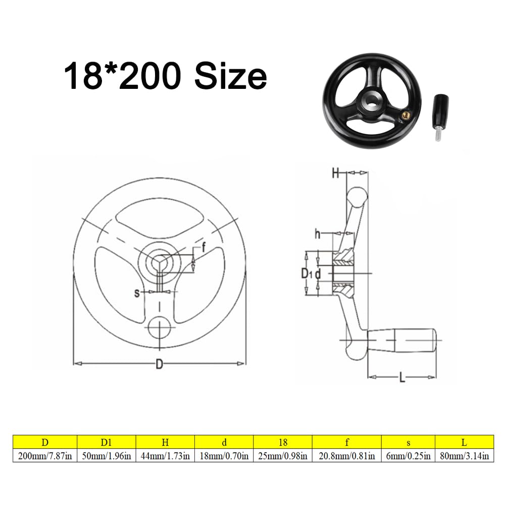 Round Hand Wheel 3 Spoked Lathe Handwheel with Revolving Handle Gumwood Handwheel for Milling Machine Lathe Accessories Black (200mm*18mm Diameter)