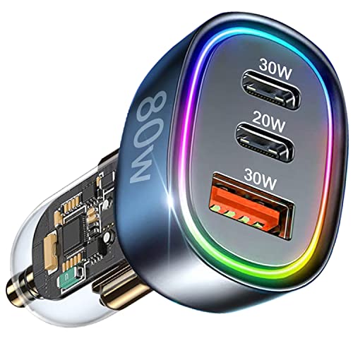 USB C Car Charger, 80W [Dual PD3.0&QC30W] Cigarette Lighter USB Car Charger Adapter Fast Charging 3 Ports Car Phone Charger for iPhone 15 Pro Max 14 Samsung Galaxy S24/23 Google Pixel LG iPad Air