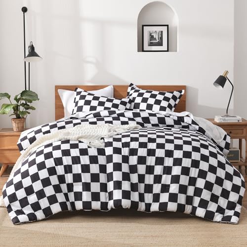 Image of Andency Checkered Comforter Full(79x90Inch), Black White Plaid Gingham Buffalo Grid Bed Set for Boys Kids Teens, 3 Pieces Lightweight Polyester Geometric Preppy Bedding