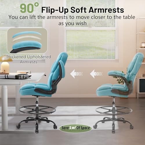 Image of 500LBS Drafting Chair, High Back Safer Standing Desk Chair, Executive Tall Office Chair with Flip-up Armrests, Upholstered Fabric Task Chair, Ergonomic Seat with Adjustable Height&Foot Ring, Blue