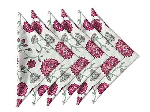 Craftbot Soft Washable Thin Cotton Printed Napkins 18x18 inches - Set of 6 - Everyday Use or Dinner Party and Events - Red and White Floral Pattern Lightweight Indian Block Print Fabric