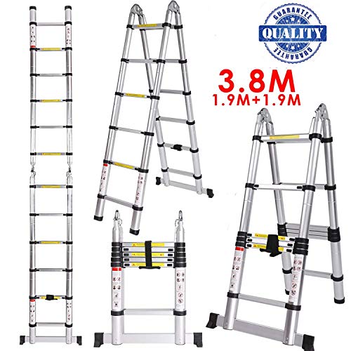 Preisvergleich Produktbild Serface Klappleiter Teleskopleiter 8 x 8 Stangen Mit Rutschfesten Stahlgummidichtungen,Mehrzweckleiter Anlegeleiter Aus Hochwertigem Alu 150 kg Belastbarkeit (3.8M)