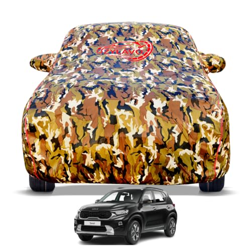 Image of Kia Sonet 2020-2026 Models 100% Waterproof Car Cover for All Weather Protection Mirror & Inner Cotton Triple Stitched Cover, Adjustable Belt Bottom Elastic to Secure Fit (Jungle Print)