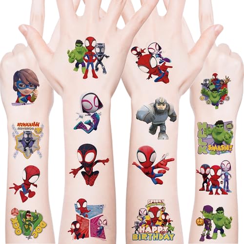 20pcs Cartoon Spider-Man and His Amazing Friends Temporary Tattoos Birthday Themed Party Supplies Decoration Favors Cartoon Cute Waterproof Sticker for Home Activity Rewards (zzx E)