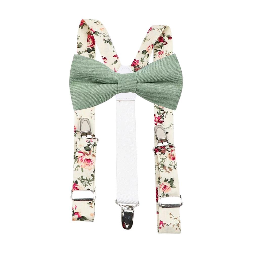 Children's Kids Boys Cotton Blend Pre-Tied and Elasticated Bow Tie & Braces Set (Sage Green Bow Tie & Cream Floral Braces) - suitable for formalwear, weddings, parties, pageboy outfits