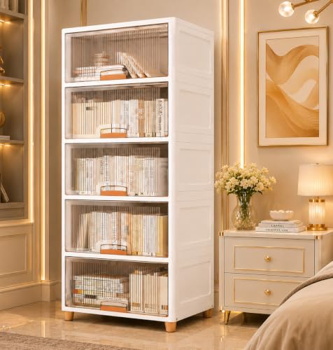 EXVITO 5 Tier Foldable Wardrobe for Bedroom Clothes Storage Cabinet | Collapsible Plastic Almirah Organizer with Magnetic Doors & Wheels | Stackable Cupboard for Clothes Storage - Beige
