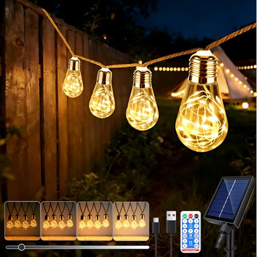 8M Guirlande Lumineuse Exterieure Solaire Avec télécommande, Avec 16 S17 Ampoules, Blanc Chaud, 8 Modes/Étanche/Dimmable/Minuterie, Guirlande Guinguette...
