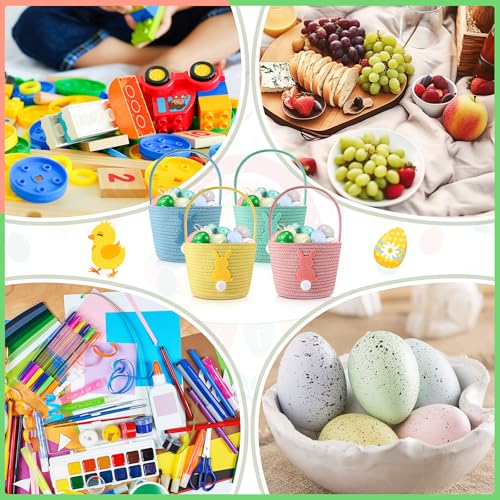 Image of Teenyyou 4 Pack Easter Basket Woven Bunny Baskets with Handles Eggs Hunt Bucket Rabbit Cotton Rope Tote for Baby's First Easter Basket Gift for Baby Toddler Boys Girls(Cute)