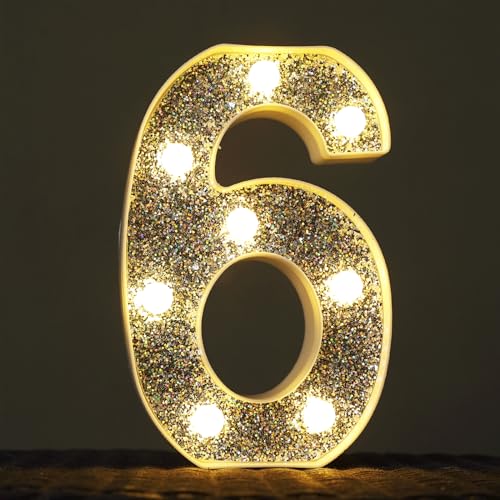 Image of Light Up Letters, Marquee Light Letter for Table Decorations, Glitter Light Up Signs for Prom, Events, or Engagement Party Decor, Featuring Alphabet & Number Lighted Letters, Number 6