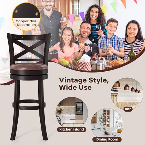 COSTWAY Set de 2 Butacos de Bar Giratorios de 30" con Tachuelas de Cobre, Asiento Tapizado y Respaldo en X, Estructura de Madera Maciza de Caucho miniatura 7