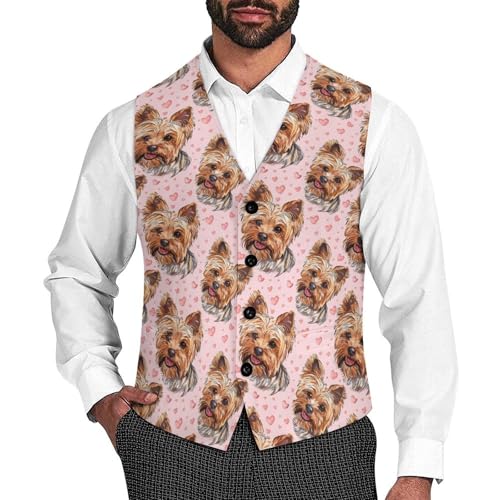 Cute Yorkie Dog Novelty Men's Suit Vest Casual Formal Dress Vests Business Waistcoat