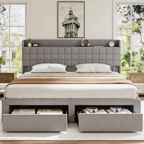 Image of King Size Storage Bed Frame, Square Tufted Headboard, Platform Bed with 2 Underbed Drawers at Foot, Wooden Slats Support, No Box Spring Needed, Dark Gray