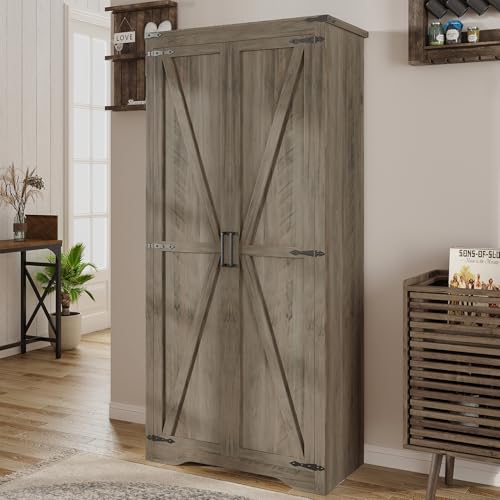 Befrases Farmhouse Rustic Grey Storage Cabinet with Adjustable Shelves, Large Pantry Organize with 2 Barn Doors, Tall Freestanding Cabinet for Kitchen, Bathroom, Garage, Living, Utility Room