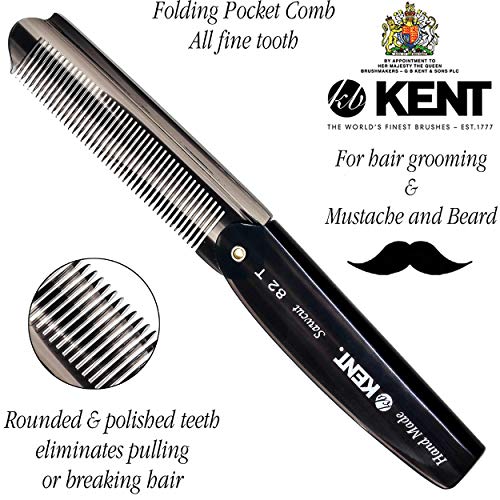 Kent 82T 4" Graphite Folding Pocket Comb For Men, Fine Tooth Hair Comb Straightener For Everyday Grooming Styling Hair, Beard Or Mustache, Use Dry Or With Balms, Saw Cut Hand Polished, Made In England #TOP1