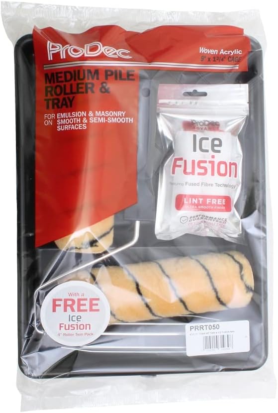 ProDec 9 inch x 1.75" 4 piece Twin Medium Pile Paint Roller, Cage Frame & Tray Set for Painting with Emulsion & Masonry Paints on Interior & Exterior Walls & Ceilings plus Free Ice Fusion Mini Rollers