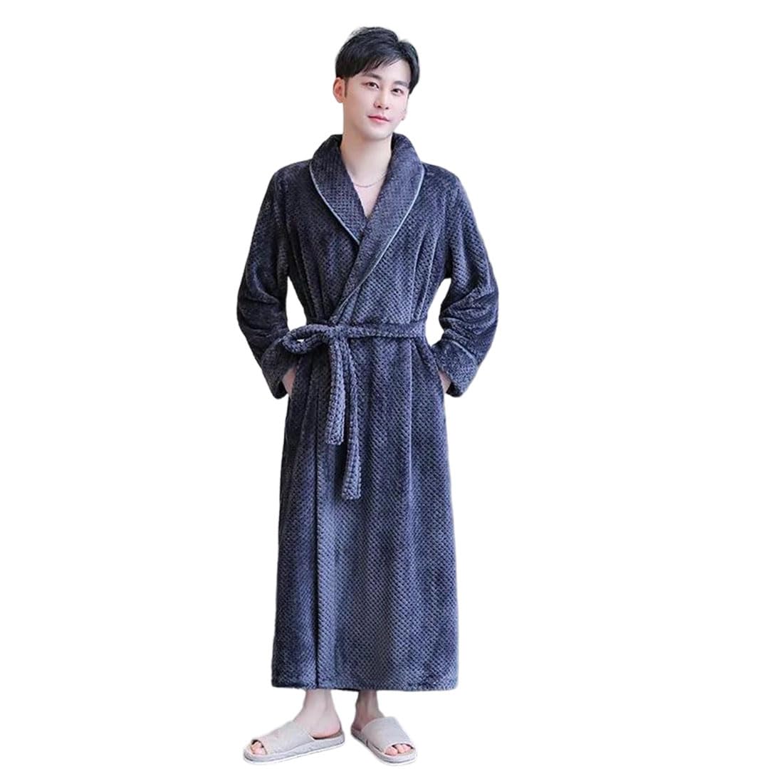 Men Women Thick Flannel Couple Pajamas Nightgown Bath Robe Kimono Bathrobe Fleece Sleepwear Warm Robes Belts Gray9-Men-M Gray9-Men-M
