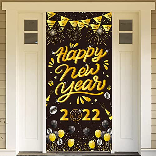 DPKOW Happy New Year Banner for 2022 New Year's Eve Decoration, Fabric Banner for New Years Outdoor Wall Decoration, New Year Door Cover Decoration, Large 2022 New Year Photo Backdrop Poster, 18590cm