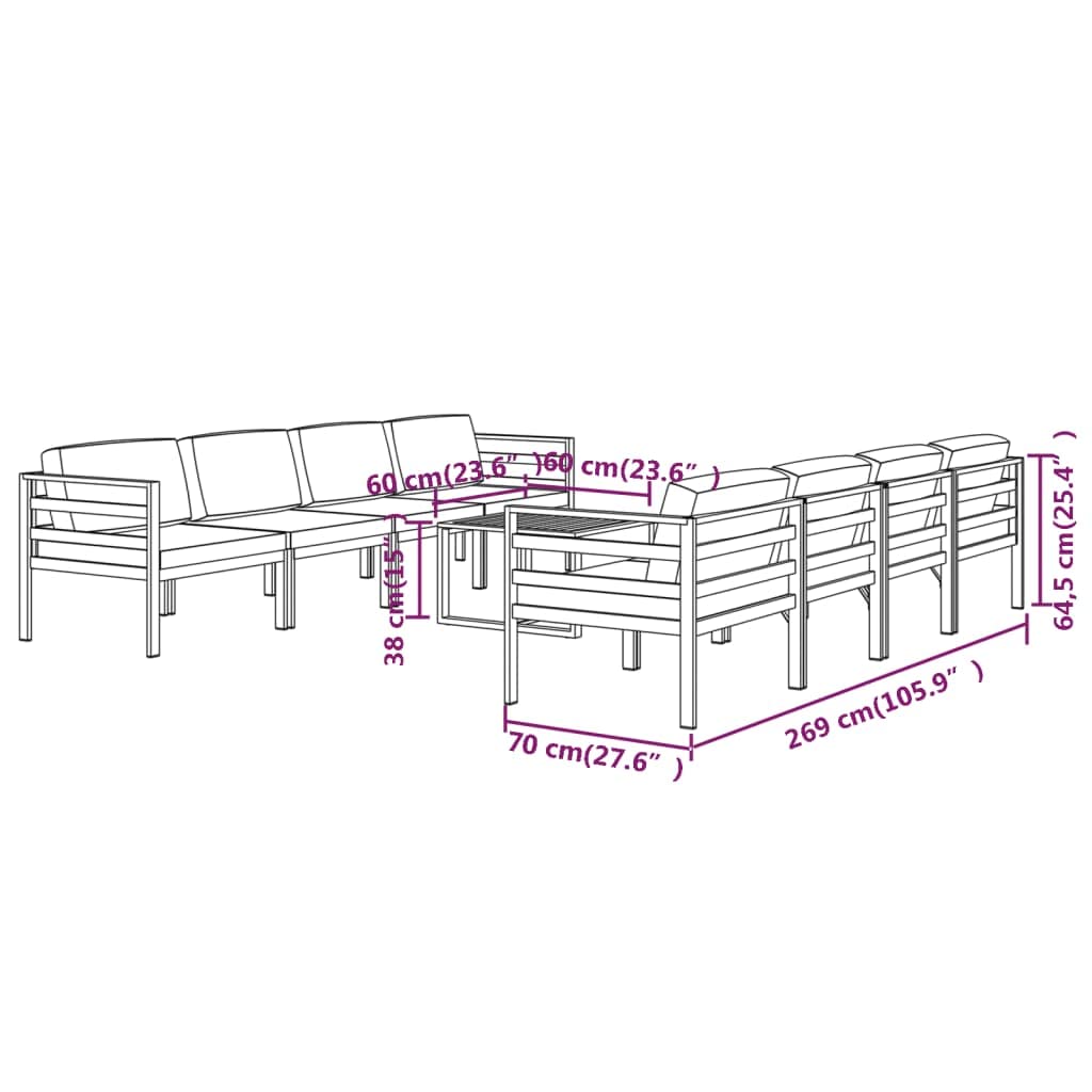 Juego de muebles de jardín de aluminio modular de 9 piezas, para jardín, terraza y balcón, incluye cojines de asiento y respaldo, color antracita
