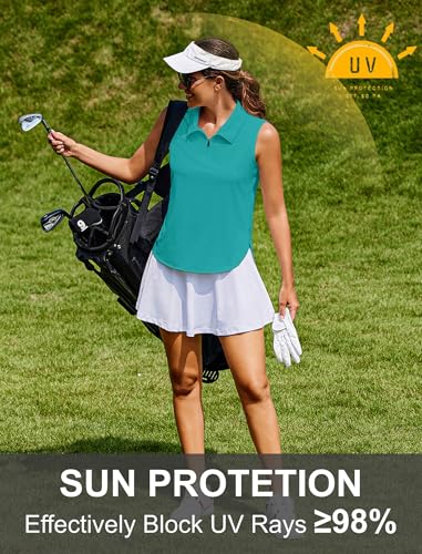 Image of PINSPARK Women Golf Shirts Sleeveless UPF 50+ Tennis Polo V-Neck Quick Dry Athletic T Shirt 1 /4 Zip Collar Workout Tank Top