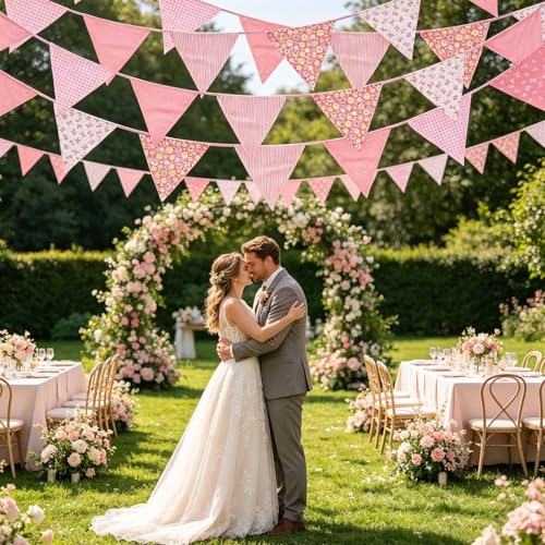 Image of Zwiebeco 32Ft Light Pink Fabric Floral Pennant Banner Bunting Cotton Flowers Triangle Flags Party Decorations for Birthday Wedding Engagement Bridal Baby Shower Rustic Village Sweet Home Garden Decor