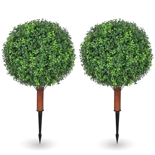 Artificial Boxwood Ball Bush for Outdoors 26 inch Set of 2 UV Resistant Faux Boxwood Ball Trees with Ground Spikes, Fake Boxwood Shrubs for Garden Patio Front Door Balcony