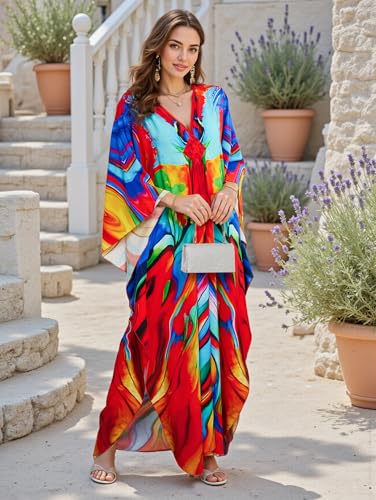 Image of IMAGEKOPE Women's Plus Size Animal Print V-Neck Batwing Kaftan Beach Dress Bathing Suit Cover-Up Loungewear