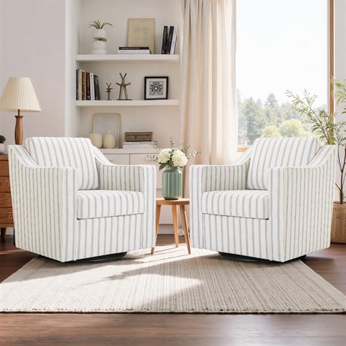 Swivel Accent Chair, Modern Round Barrel Arm Chair for Living Room, Bedroom, Comfy Club Reading Chairs for Adults (Pinstripe Light Blue, Set of 2)