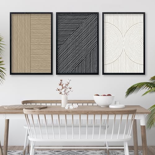 Boho Modern Abstract Pictures Wall Art Decor 16"x24"Set of 3 Living Room Neutral Minimalist Line Wooden Framed Plaque Farmhouse Home Office Bedroom Mid Century Sign Wall Hanging (Black)