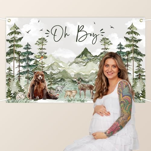 Image of Avezano Oh Boy Backdrop Forest Adventure Baby Shower Photography Background Mountain Wilderness Woodland Baby Shower Decorations Watercolor Greenery Forest Party Photoshoot Banner (7 x 5 ft)