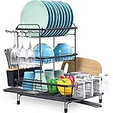 APEXCHASER Escurreplatos vajilla de 3 pisos con desagüe giratorio 360°, escurreplatos con bandeja de goteo, soporte para cubiertos, soporte para tazas, soporte para tabla de cortar y tabla de escurrir