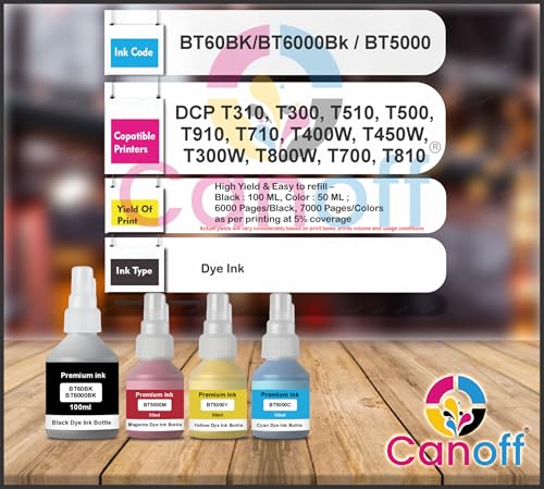 Image of CANOFF BT6000BK / BT5000 Ink Bottle Set (Multicolor) | High Yield Compatible for Brother DCP-T300, DCP-T500W, DCP-T700W, DCP-T710W, MFC-T800W, MFC-T910DW Printers (BT6000BK /BT5000CMY Set)