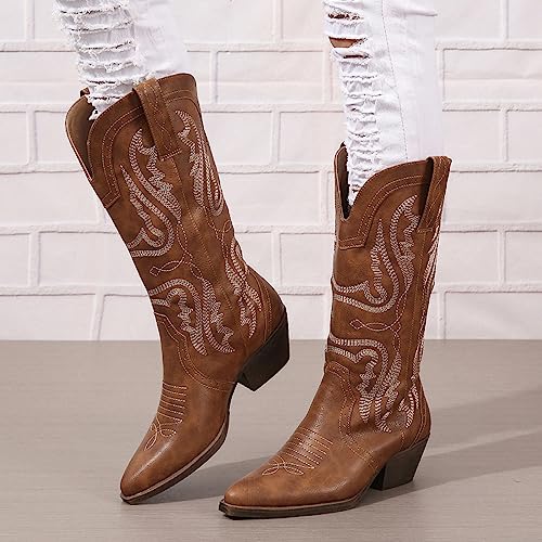 Image of Women's Cowboy Boots Mid Calf Pointed Toe Embroidered Chunky Block Heel | Western style mid-calf boots, breathable lining, all-day comfort,for jeans /dresses,concerts, daily wear, travel.